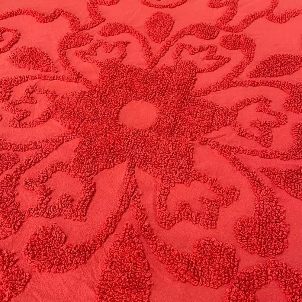 Vintage Red Cotton Chenille Queen Bedspread Floral Tufted Embroidered Design